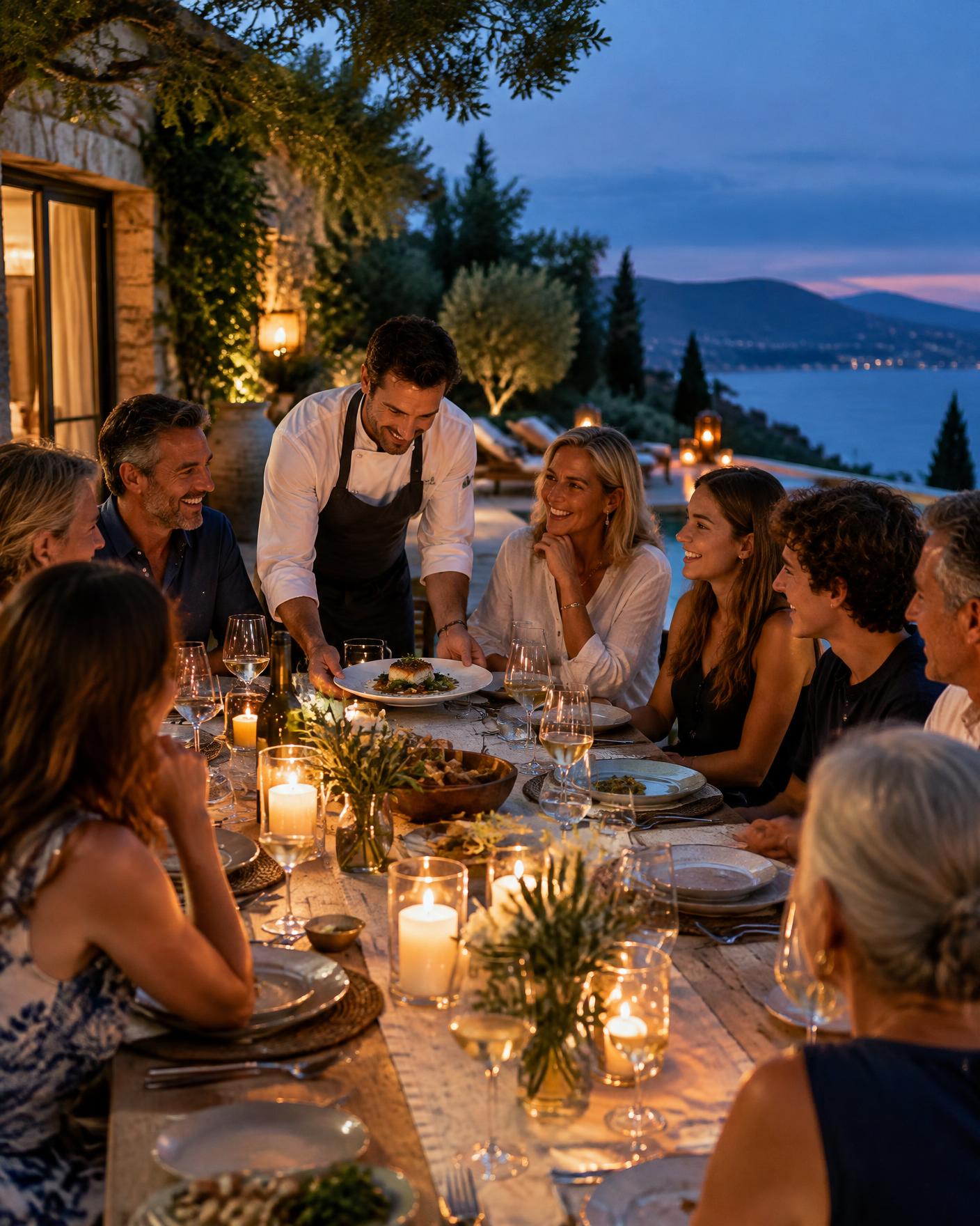 Friends and family sharing a long dinner at their private villa