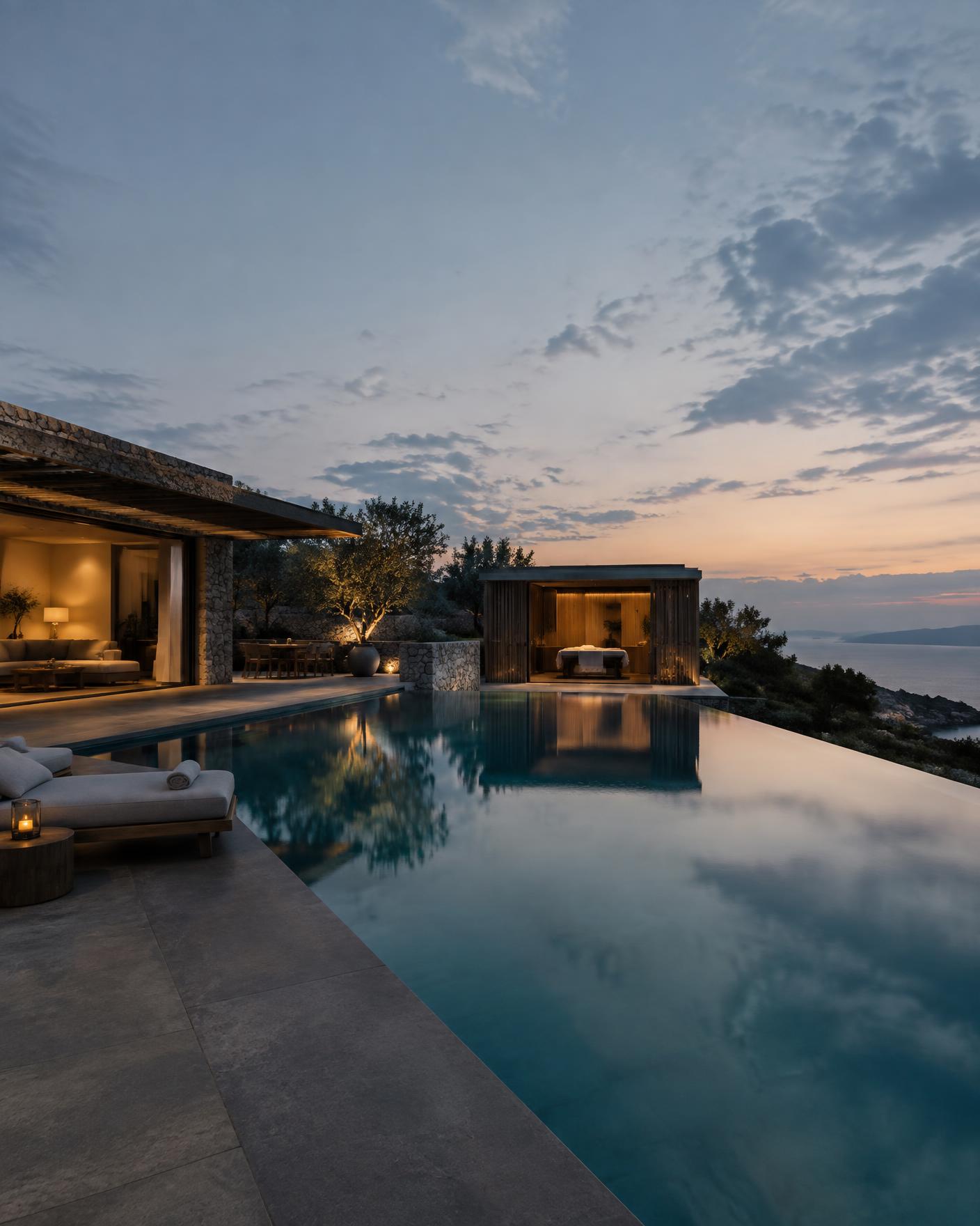 A private villa and infinity pool at dusk